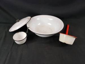lot 77 image: Enamelware Basin, Cup and Laddle