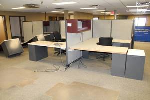 lot 79 image: Lot of (5) Office Cubicles with Cubicle Walls, U-shaped Desks, File Cabinets, Office Chairs, Overhead Cabinets with Lighting