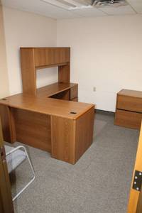 lot 37 image: L-Shaped Wood 3-Piece Corner Office Desk with Desk-Top Cabinet, 2-Drawer Wood Lateral File Cabinet, 2-Office Chairs, Whiteboard,  Wall Art
