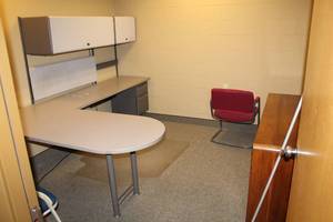 lot 38 image: L-Shaped 2-Piece MetalComposite Office Desk, Table, Wood Side Table Cabinet, 2-Office Chairs, Overhead Storage Cabinets