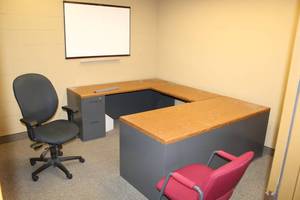 lot 39 image: U-Shaped Office Desk with Underdesk File Cabinets, Whiteboard, Rolling Office Arm Chair, Office Chair