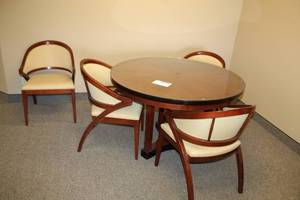 lot 40 image: 48in. Round Glass Top Wood Office Table, 6-Wood Padded Office Chairs