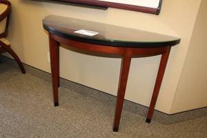 lot 41 image: Half Round Glass Top Wood Side Table