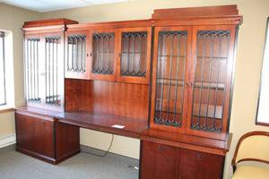 lot 43 image: Wood Executive Office Desk with Glass Top, Wood Desk Top Bookcase with 7-Glass Doors, Under Desk Storage Cabinets