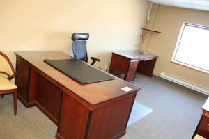 lot 42 image: 2-Piece Wood Executive Office Desk, Glass Top Cover, Leather Rolling Office Arm Chair, Floor Protector