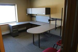 lot 45 image: U-Shaped Corner Office Desk, Desk-Mount Dual Computer Monitor Mount, 2-Office Chairs, Quartet Metal Frame Whiteboard, Overhead Storage Cabinets with Keys, Metal File Cabinet