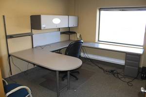 lot 46 image: U-Shaped Corner Office Desk with Table, Wall Map, Rolling Office Arm Chair, 2-Office Chairs, Quartet Wood Frame Whiteboard, Overhead Storage Cabinets