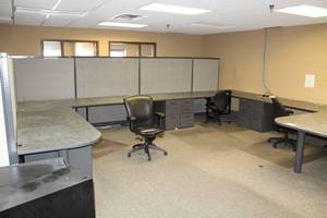 lot 86 image: Three Corner Desk Sets with Cubicle Walls, Metal File Cabinets, Rolling Office Arm Chairs, Carpet Protectors