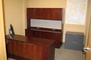 lot 64 image: Wood Office Desk, Credenza, Wood Rolling Table, 2-Wood Padded Office Chair, 2-Metal File Cabinets, New York Harbor Wall Map, Whiteboard