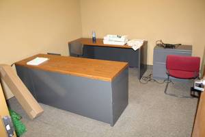 lot 63 image: 2-Metal Office Desks, 2-Office Chairs, Metal Lateral File Cabinet