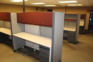 lot 75 image: Office Cubicle, Office Desk, Overhead Cabinets, Bookcase, Rolling Office Chairs, Office Chairs, Floor Protector