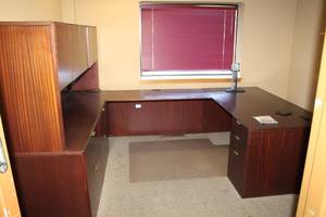 lot 62 image: U-Shaped Wood Office Desk, Overdesk Bookcase Cabinet, Credenza, File Cabinets, Small Wood Table, Office Chair, Whiteboard