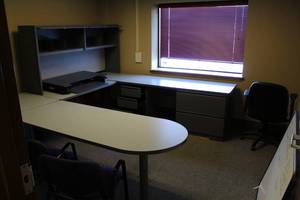 lot 57 image: U-Shaped Office Desk, Desk top Bookcase, File Cabinet, Whiteboard, 3-Office Chair, Ergotron Monitor-Riser