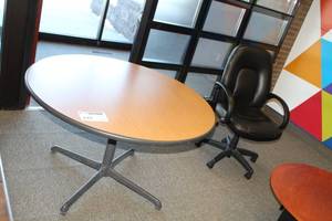 lot 60 image: 47in. Round Office Table, Leather Rolling Office Arm Chair