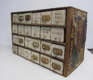 lot 4 image: Old Vintage Primitive 21-Drawer Cheese Box PartsHardware Cabinet