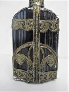 lot 256 image: 3 Antique Signed L.T. PIVER Olive Green Glass Perfume Bottles wHand Made Ornate Dispensers & Stand