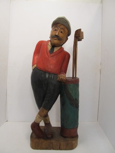 lot 21 image: Large Vintage Hand Carved & Painted Wood Folk Art Golfer Statue