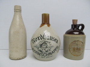 lot 67 image: 3 Vintage Stoneware LiquorBeer Bottle & Jugs