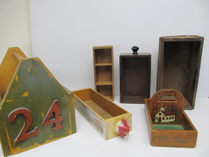 lot 82 image: Group of Primitive Wooden Boxes Drawers Tool Carrier etc