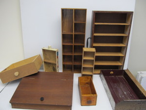 lot 83 image: Group of Primitive Wooden Boxes Drawers Writing Desk etc