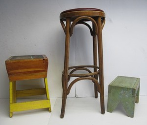 lot 85 image: 2 Primitive Wooden Stools & Tall Bentwood Stool