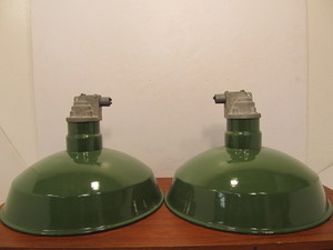 lot 114 image: Excellent Pair of Vintage Industrial Green Enameled Service Station Light Fixtures