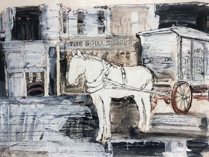 lot 171 image: Large Signed Original T. WHITE WatercolorGouche Mixed Media Painting - Soda Shoppe & Ice Wagon