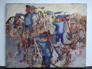lot 192 image: Signed Vintage Oil on Canvas Boy w Bicycle Painting