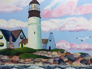 lot 197 image: Colorful Signed Vintage 1950s Folk Art Canadian Lighthouse Painting
