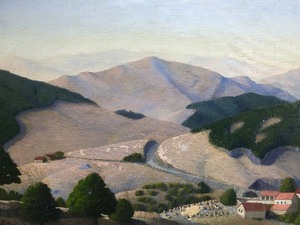 lot 198 image: Framed Signed Antique Mountain Road Painting wHouses