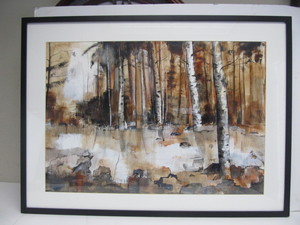 lot 170 image: Large Signed Original T. WHITE WatercolorMixed Media Painting wBirch Trees #2