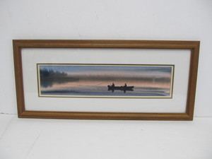 lot 172 image: Small Signed (MN Artist) Byron Addison Wells Original Watercolor Painting - Men Fishing at Sunset