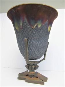 lot 179 image: HUGE Impressive DON NIBERT Raku Art Pottery Vase wWelded Iron Stand