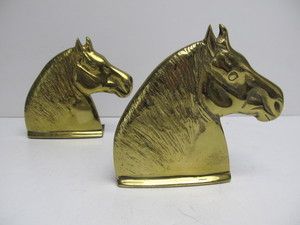 lot 210 image: Signed Vintage Solid Brass Percheron Horse Head Bookends