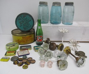 lot 214 image: Lot of Vintage Advertising Tins Old Hardware & Blue Mason Jars