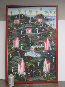 lot 195 image: Signed Vintage Haitian Style Village Folk Art Oil on Canvas Painting