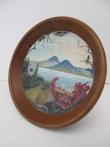 lot 221 image: Signed Old Vintage Painting w Turned Wood Bowl Frame