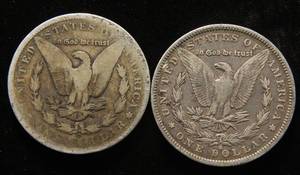 lot 35 image: 2 MORGAN SILVER DOLLARS 1889-O 1891-O