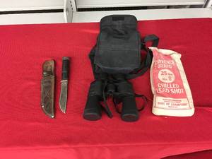 lot 260 image: Knife, Bincoulars, 25 Lb. No. 8 Chilled Lead Shot
