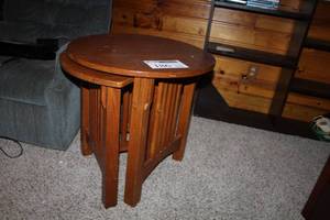 lot 186 image: Wood Side Table with 2-Wood Stowaway Stools