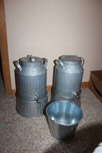 lot 170 image: Lot of (3) Metal Water Coolers with Stands, Metal Bucket