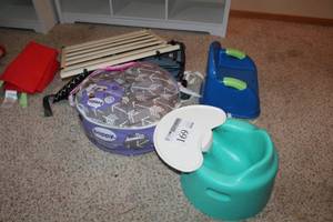 lot 169 image: Diaper Bag, Childrens Booster Seat, Baby Lounger Pillow, Baby Gate