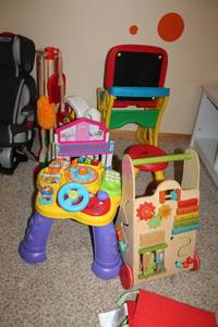lot 165 image: Childrens Toys - Car Game Table, Rolling Music Cart, Barbie House, Stool, Housekeeper Set, Farm House, High Chair