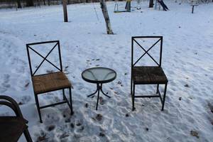 lot 209 image: Round Glass Top Patio Table, 2-Patio Chairs