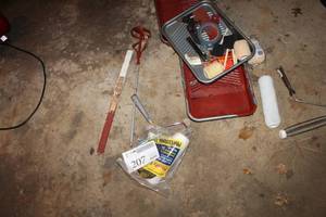 lot 207 image: Paint Supplies - Rollers, Brushes, Tape, Drill Stir Paddle, Paint Trays, And More