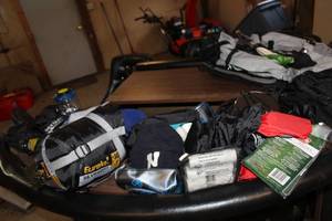 lot 226 image: Backpack with Survival Gear, Sleeping Bags, Katadyn Water Drinking System, Shovel, Hatchet, Lantern, Cookware, Zipper Bags, And More