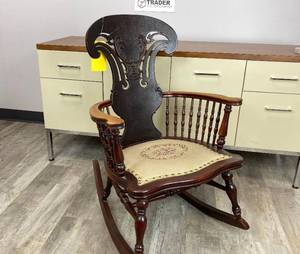 lot 117 image: Antique Wood Rocking Chair, Embroidered Seat Cushion