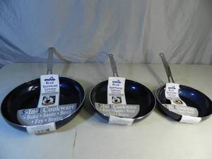 lot 23 image: 3 New Blue Sapphire Ceramic Coated Frying Pans