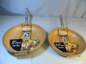 lot 74 image: 2 New Copper Coated Frying Pans