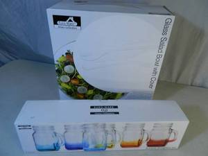 lot 182 image: New Super Cute Shot Glass Set and New Glass Salad Bowl with Cover and Utensils